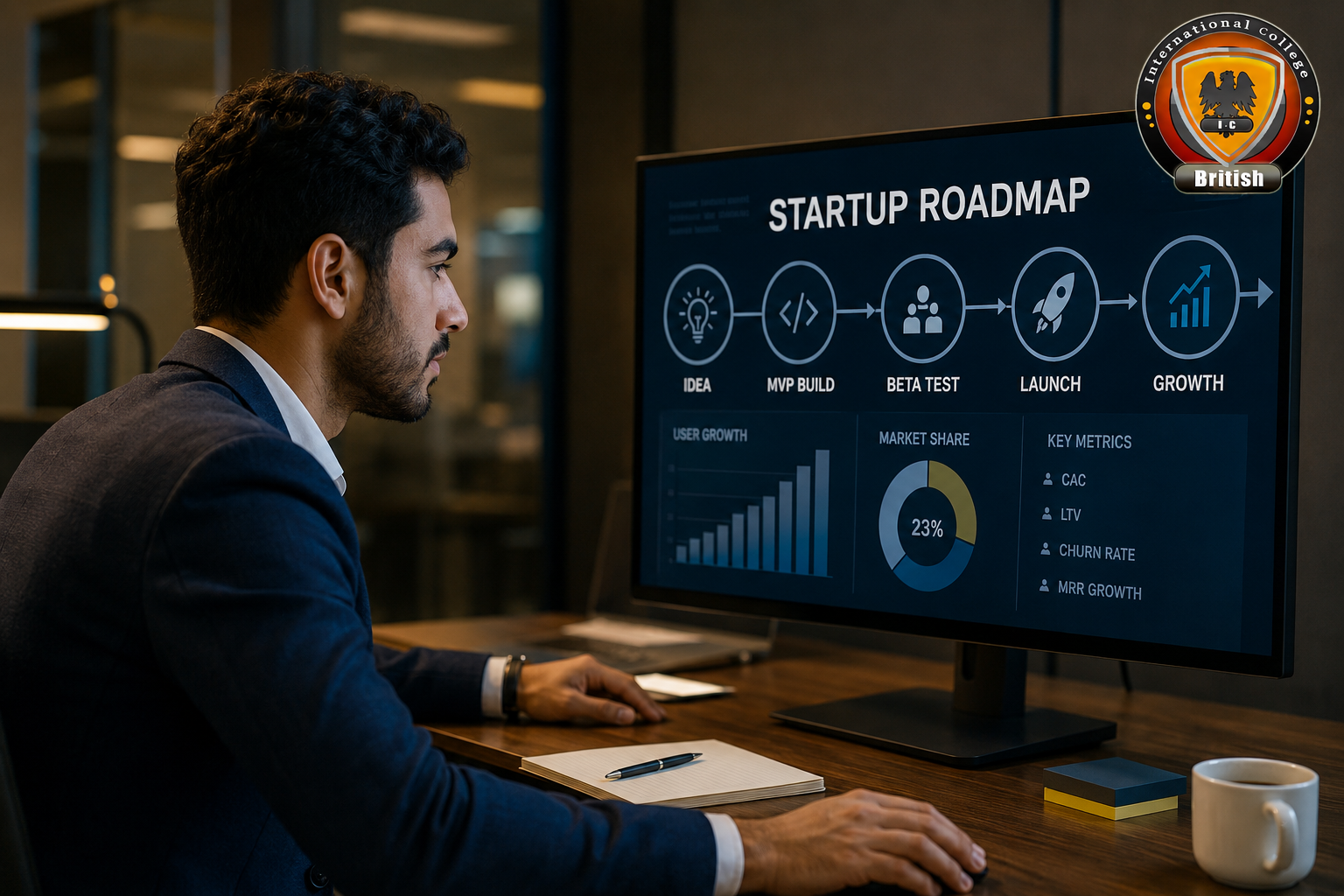 Egyptian male professional in a deep navy suit looking directly at a digital monitor displaying a startup roadmap, set against a dark charcoal corporate boardroom background with matte metallic gold rim lighting, no floating text or logos.